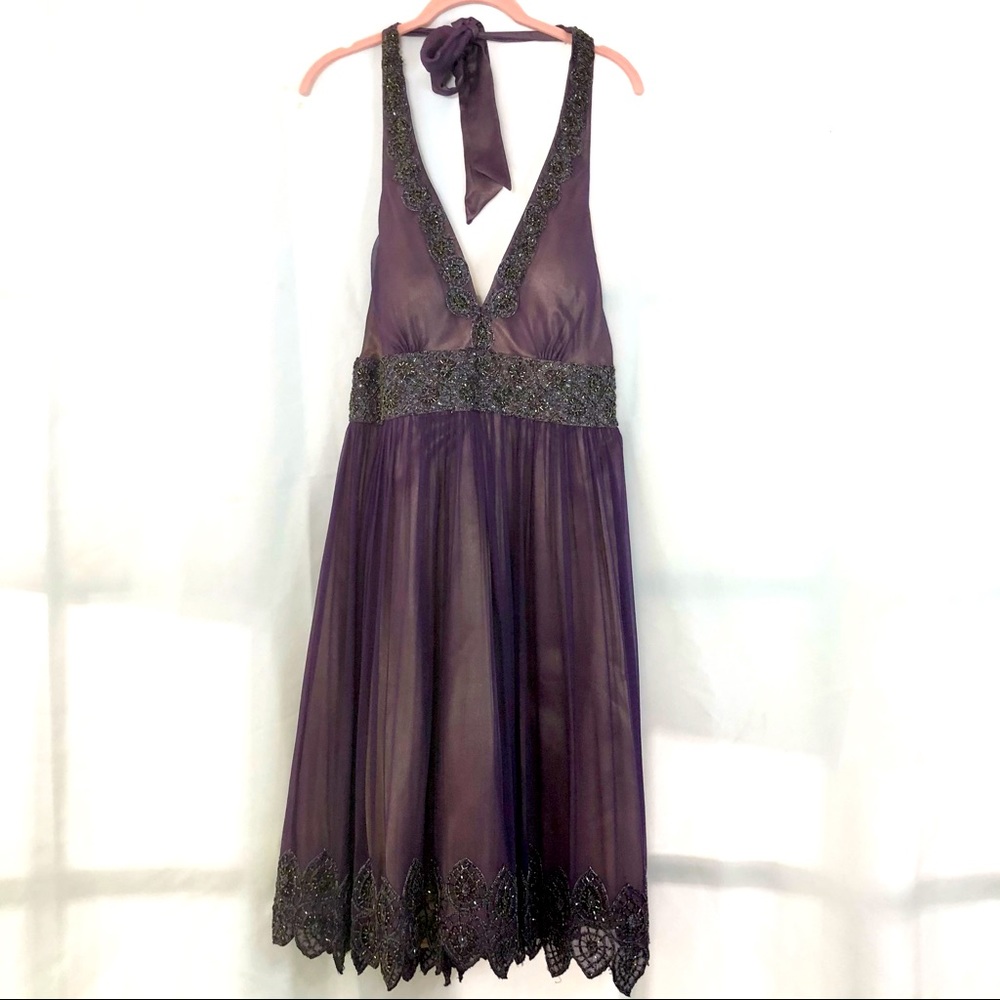 Papell Purple lined with gold beaded halter dress